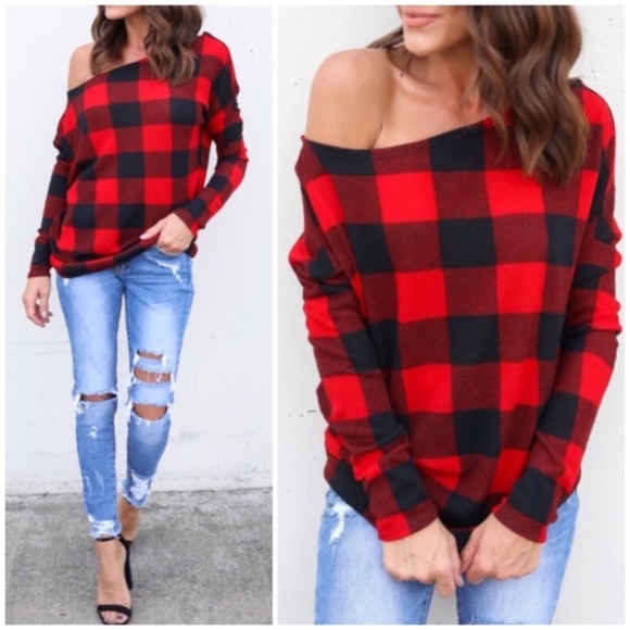 Sweaters - SOLD OUT Red Buffalo Plaid Check Checkered One Off the Shoulder Soft Sweater